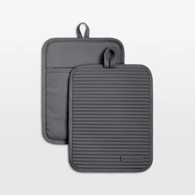 Crate & Barrel Kitchenaid ® Charcoal Ribbed Soft Silicone Pot Holders, Set Of 2 In Gray