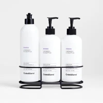 Crate & Barrel Lavender + Eucalyptus Dish Soap, Hand Soap & Lotion 4-piece Set With Matte Black Steel Caddy In White