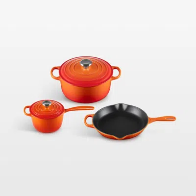 Crate & Barrel Le Creuset ® Signature Flame Enameled Cast Iron 5-piece Cookware Set In Orange