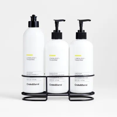 Crate & Barrel Lemon Zest + Tangerine Dish Soap, Hand Soap & Lotion 4-piece Set With Matte Black Steel Caddy In White