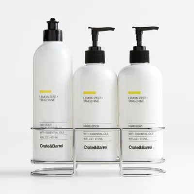 Crate & Barrel Lemon Zest + Tangerine Dish Soap, Hand Soap & Lotion 4-piece Set With Polished Stainless Steel Caddy In White