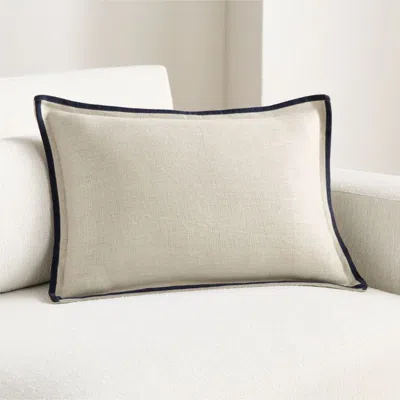 Crate & Barrel Linen With Velvet Trim 22"x15" Deep Indigo Throw Pillow Cover With Feather Insert In Blue