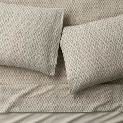 Crate & Barrel Little Leaf Organic Cotton Linen Burnt Green And Warm Natural Queen Bed Sheet Set In Multi