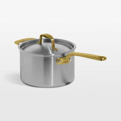 Crate & Barrel Made In Ceramiclad™ Nonstick 4-qt. Saucepan With Antique Brass Hardware In Silver