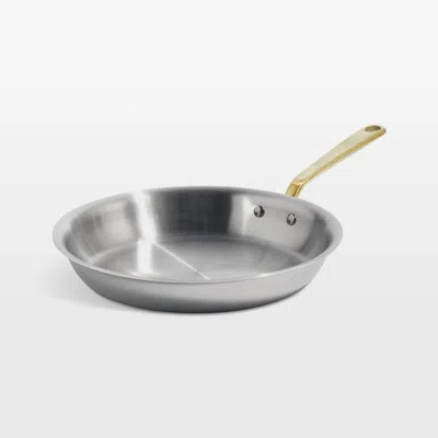 Crate & Barrel Made In Stainless Clad 12" Fry Pan With Antique Brass Hardware In Silver