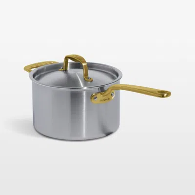 Crate & Barrel Made In Stainless Clad 4-qt. Saucepan With Antique Brass Hardware In Silver