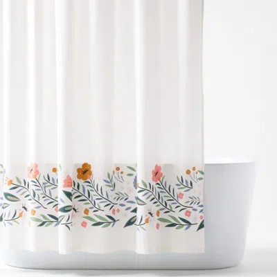 Crate & Barrel Marrakech Floral Border 100% Organic Cotton Kids Shower Curtain In White