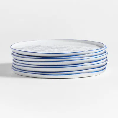 Crate & Barrel Mercer Blue Rim Round Porcelain Dinner Plates, Set Of 8 In White