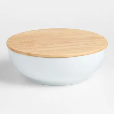Crate & Barrel Merge Porcelain Serving Bowl With Wood Lid In White