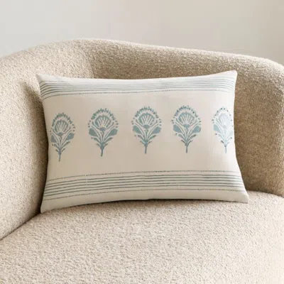 Crate & Barrel Morgan Organic Cotton 22"x15" Mist Blue Reversible Hand Printed Throw Pillow With Feather Insert