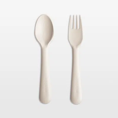 Crate & Barrel Mushie Ivory Plastic Fork & Spoon Set In White
