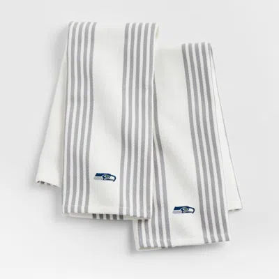 Crate & Barrel Nfl Seattle Seahawks Cuisine White With Grey Stripe Organic Cotton Dish Towels, Set Of 2 In Multi