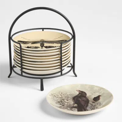 Crate & Barrel Nightfall Halloween 6" Appetizer Plates With Stand, Set Of 10 In Black