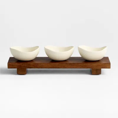 Crate & Barrel Orchard Footed Wood Board With Set Of 3 Bowls In White