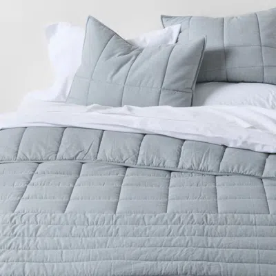 Crate & Barrel Organic Cotton Heathered Mist Blue Grid King Comforter