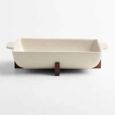 Crate & Barrel Oven-to-table Rectangular Baking Dish With Dark Wood Trivet In White