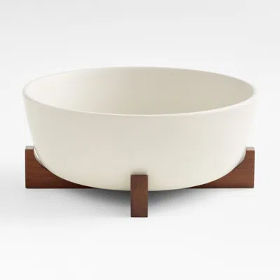 Crate & Barrel Oven-to-table Serving Bowl With Dark Wood Trivet In White