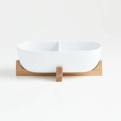 Crate & Barrel Oven-to-table Two-part Dish With Acacia Wood Trivet In White