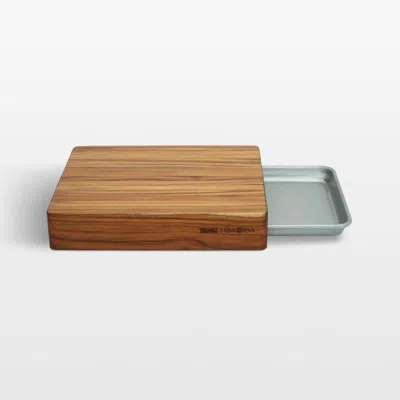 Crate & Barrel Prep To Pan Teak Edge-grain Cutting Board With Quarter Sheet Pan In Brown