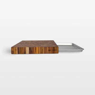 Crate & Barrel Prep To Pan Teak End-grain Cutting Board With Half Sheet Pan In Brown