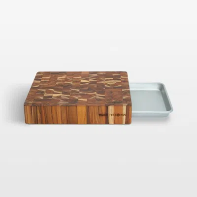 Crate & Barrel Prep To Pan Teak End-grain Cutting Board With Quarter Sheet Pan In Brown