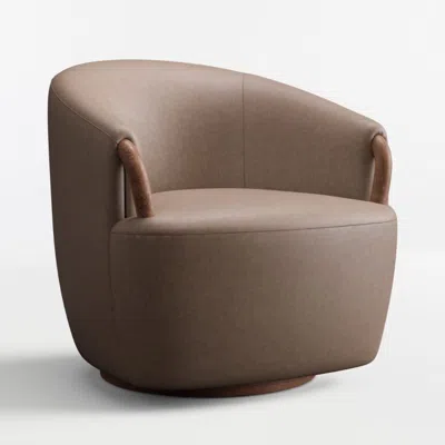 Crate & Barrel Rapallo Wood Leather Swivel Accent Chair In Brown