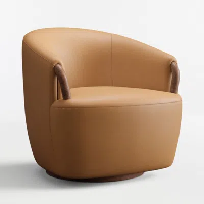Crate & Barrel Rapallo Wood Leather Swivel Accent Chair In Brown