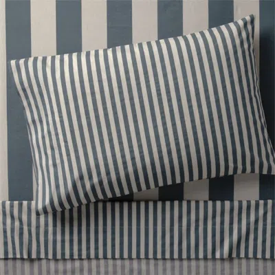 Crate & Barrel Riviera Blue And Oatmeal Stripe 100% Organic Cotton Kids Twin Sheet Set