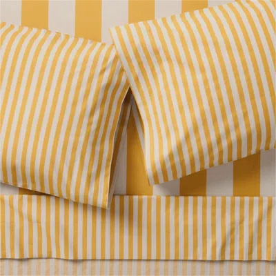 Crate & Barrel Riviera Yellow And Oatmeal Stripe 100% Organic Cotton Kids Queen Sheet Set