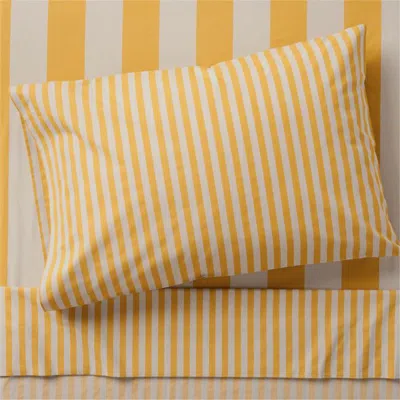 Crate & Barrel Riviera Yellow And Oatmeal Stripe 100% Organic Cotton Kids Twin Sheet Set