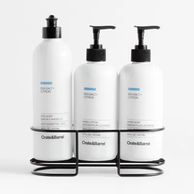 Crate & Barrel Sea Salt + Citron Dish Soap, Hand Soap & Lotion 4-piece Set With Matte Black Steel Caddy In White
