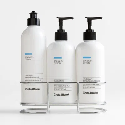 Crate & Barrel Sea Salt + Citron Dish Soap, Hand Soap & Lotion 4-piece Set With Polished Stainless Steel Caddy In Multi