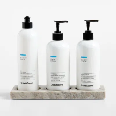 Crate & Barrel Sea Salt + Citron Dish Soap, Hand Soap & Lotion 4-piece Set With Tuscan Kitchen Marble Caddy In Multi