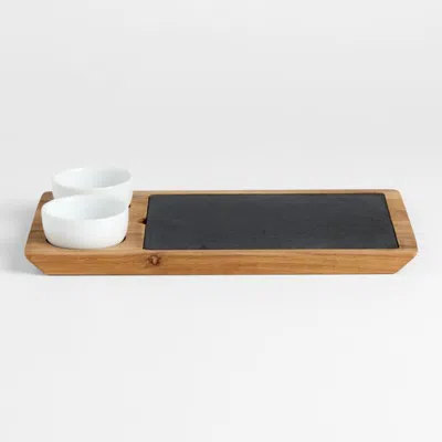 Crate & Barrel Slate And Wood Serving Board With Bowls In Black