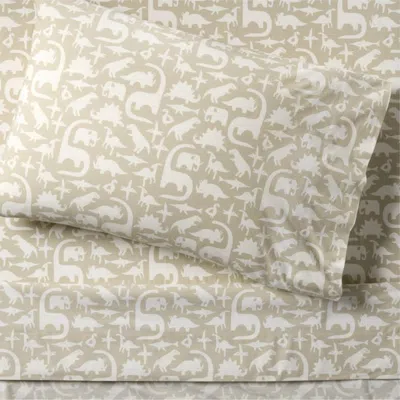 Crate & Barrel Stay Cool Dino 100% Organic Cotton Kids Twin Sheet Set In White