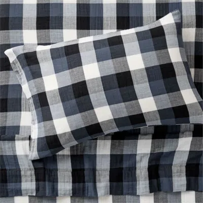 Crate & Barrel Supersoft Gingham Coy Blue 100% Organic Cotton Gauze Kids Twin Sheet Set In Black