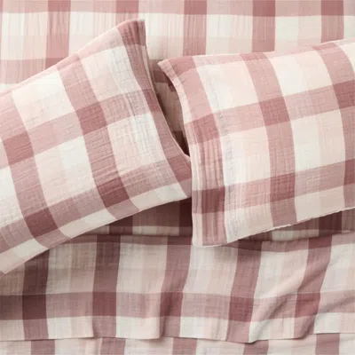 Crate & Barrel Supersoft Gingham Lilac Rose 100% Organic Cotton Gauze Kids Full Sheet Set In Purple