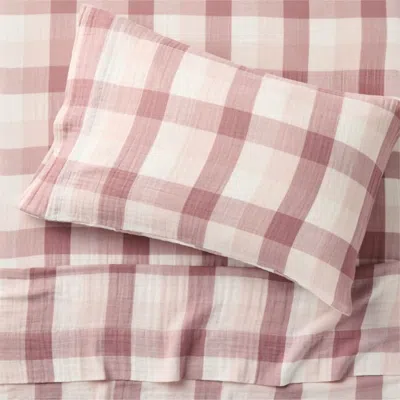 Crate & Barrel Supersoft Gingham Lilac Rose 100% Organic Cotton Gauze Kids Twin Sheet Set In Pink