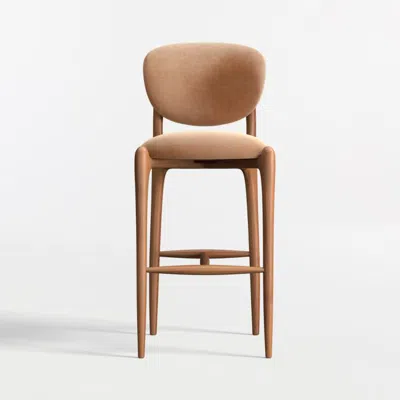Crate & Barrel Via Toffee Brown Velvet Walnut Wood Bar Stool