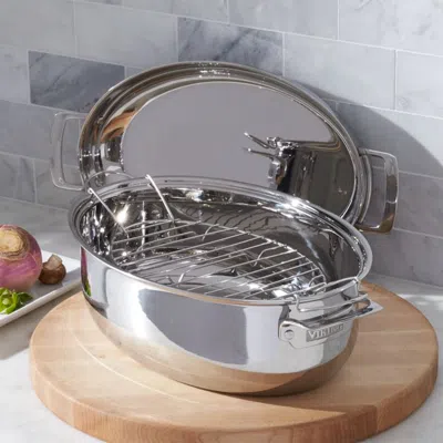 Crate & Barrel Viking ® 18.5" Stainless Steel Oval Roasting Pan With Rack And 3-in-1 Lid In Silver