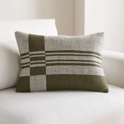 Crate & Barrel Wool/linen Plaid 22"x15" Burnt Green Throw Pillow With Down-alternative Insert