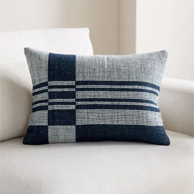 Crate & Barrel Wool/linen Plaid 22"x15" Deep Indigo Throw Pillow With Down-alternative Insert In Blue