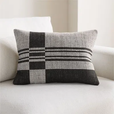 Crate & Barrel Wool/linen Plaid 22"x15" Midnight Navy Throw Pillow With Down-alternative Insert In Black