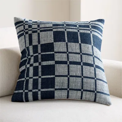 Crate & Barrel Wool/linen Plaid 23"x23" Deep Indigo Throw Pillow With Feather Insert In Blue