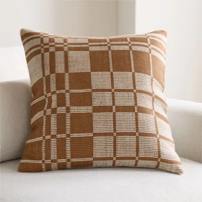 Crate & Barrel Wool/linen Plaid 23"x23" Maple Brown Throw Pillow With Down-alternative Insert