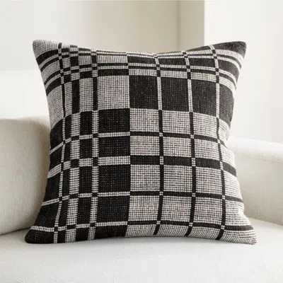 Crate & Barrel Wool/linen Plaid 23"x23" Midnight Navy Throw Pillow With Feather Insert In Gray