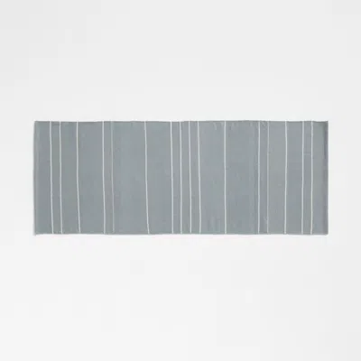 Crate & Barrel Woven Stripe Organic Cotton Mist Blue And Crisp White Bath Mat 24"x64"