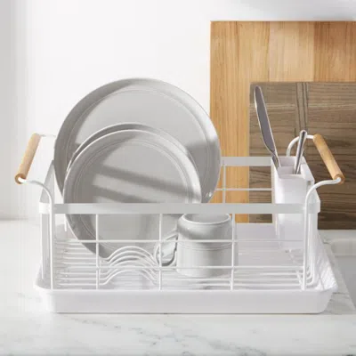 Crate & Barrel Yamazaki Tosca White Dish Rack With Wood Handles