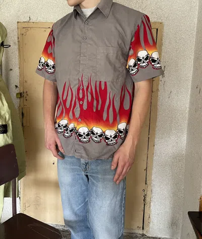 Pre-owned Crazy Shirts X Vintage Fishbone Crazy Fire Shirt Button Up Skulls Y2k In Grey