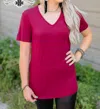 Crazy Train Forever Fave Solid Short Sleeve V-neck Top In Maroon In Red